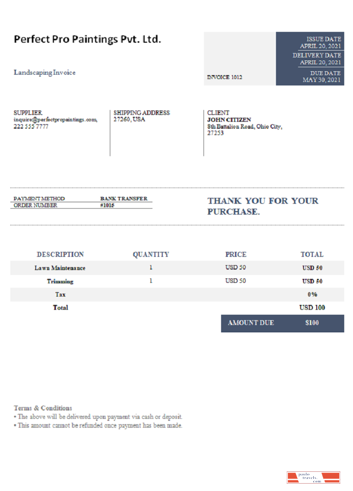 USA Perfect Pro Paintings Pvt. Ltd. invoice PSD template